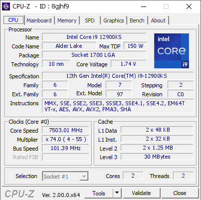 英特尔酷睿i9-12900KS被超频至7.5GHz