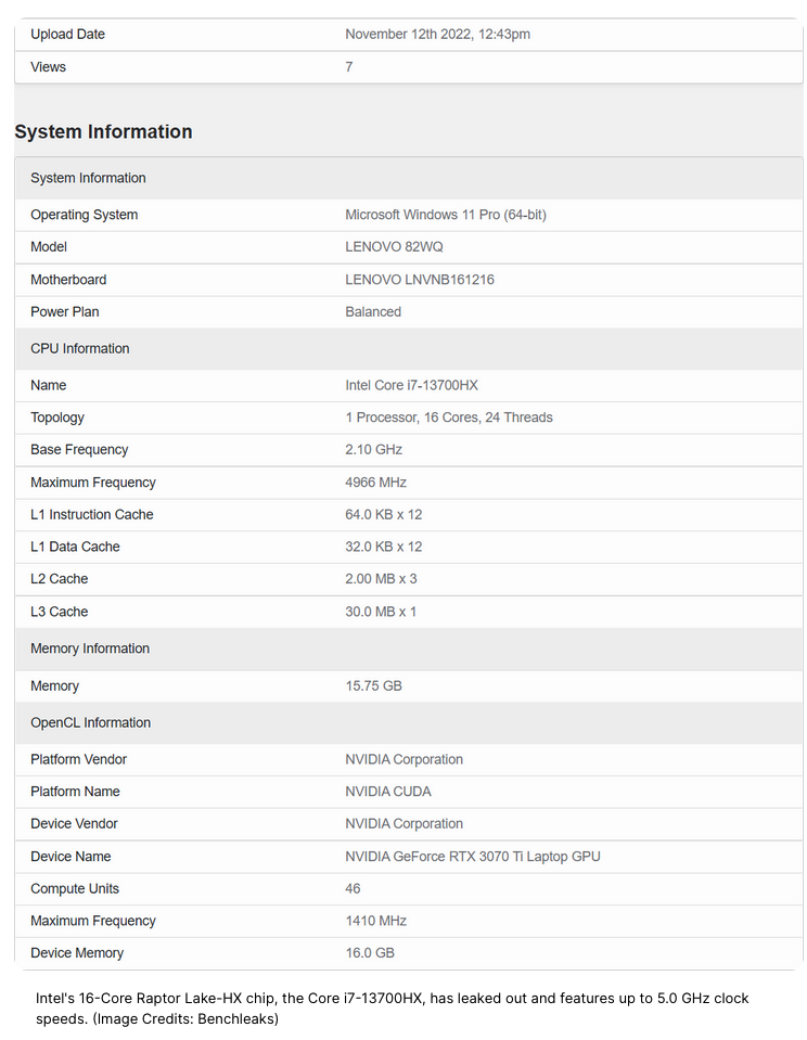 Core i7-13700HX“Raptor Lake”16核笔记本CPU泄露