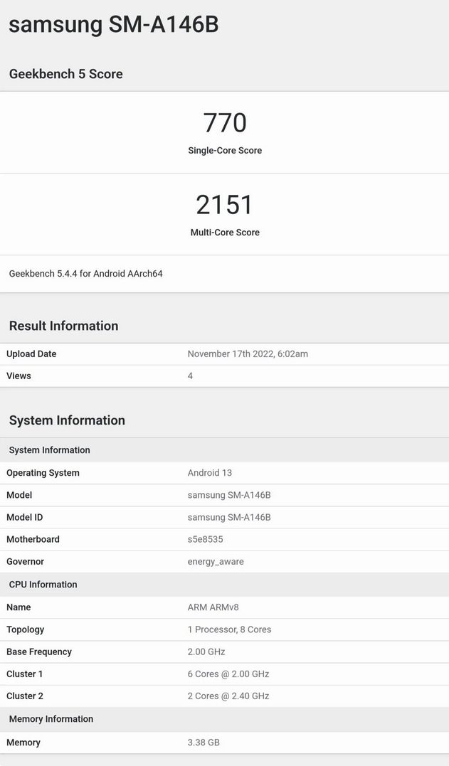 Galaxy A14 5G可能是首款搭载Exynos 1330处理器的手机