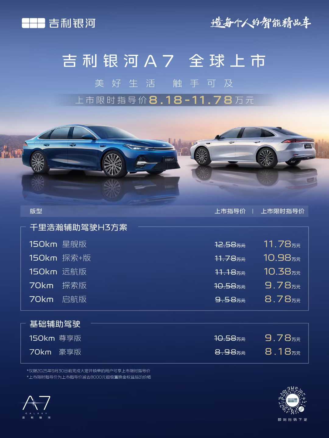 GEA架构+Flyme Auto 座舱 吉利银河A7混动家轿上市 8.18万起