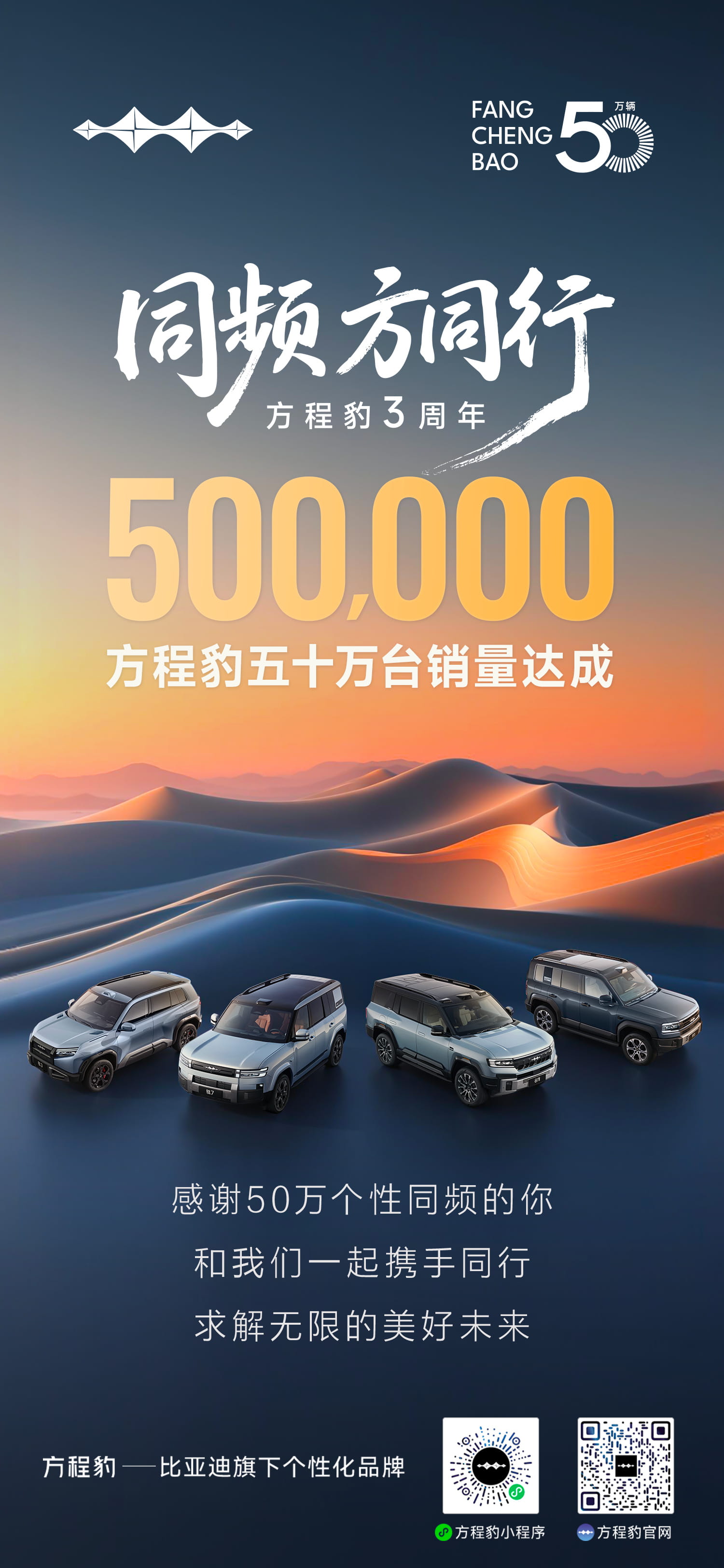三周年迎里程碑！方程豹汽车累计销量突破50万台，成交均价超22.3万元