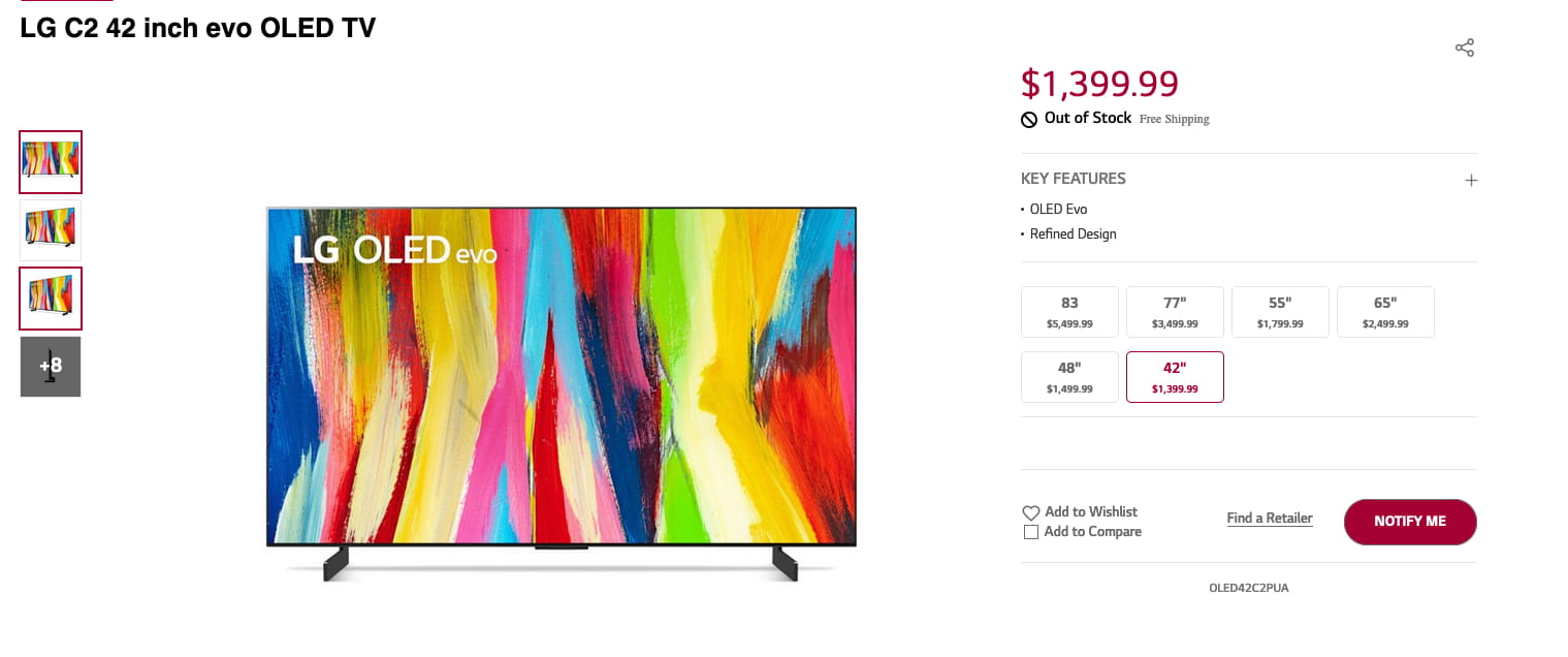LG C2系列OLED电视上架 1400刀起 55英寸及以上有属性加成