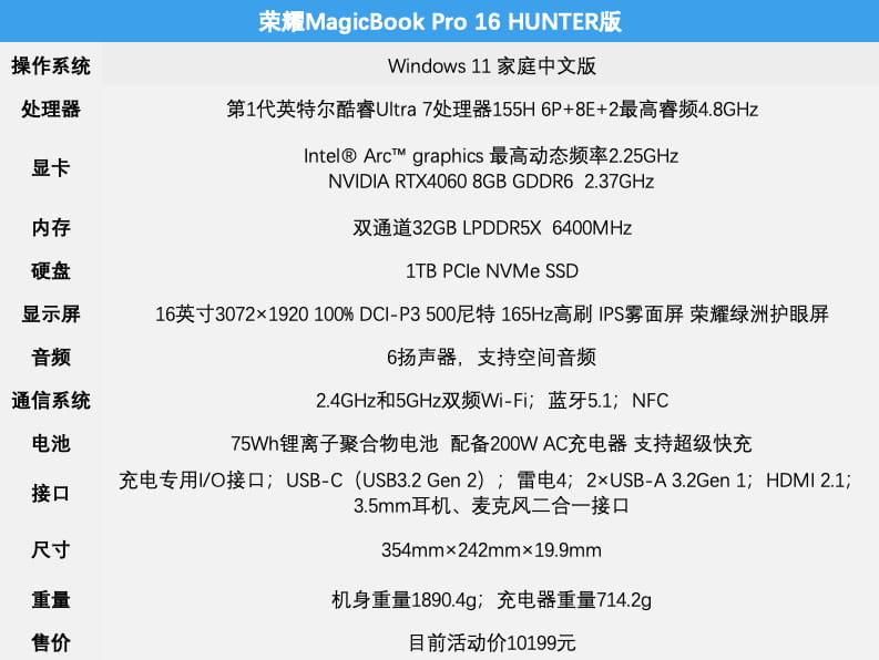 荣耀MagicBook Pro 16 HUNTER版